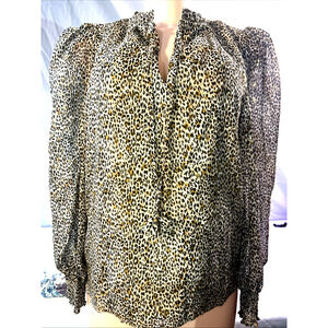 CeCe Woman's Blouse Sz M Leopard Gold Accents Ruffel Keyhole Neck Sheer Sheel